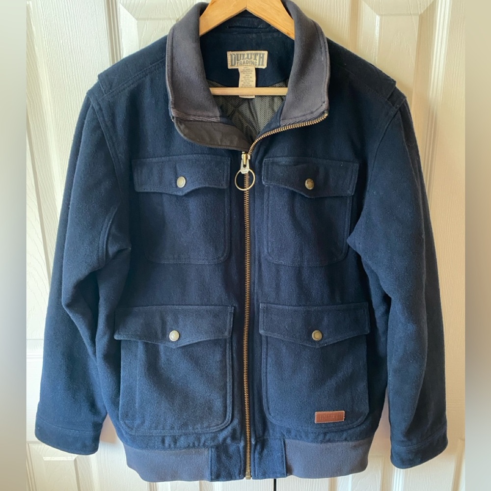 DULUTH TRADING CO Navy Blue Wool Blend Empire Builder Bomber Jacket M‎